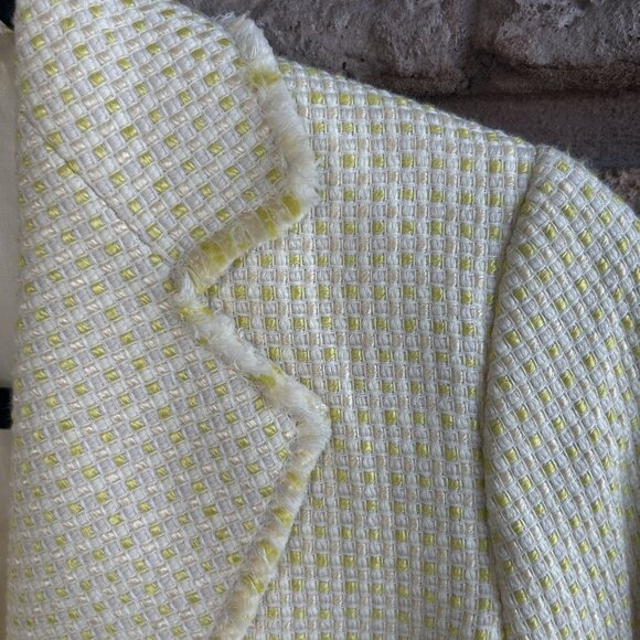 Ann Taylor Yellow Tweed Raw Edge Fringe Fitted Blazer Jacket Size 4 Petite - Picture 4 of 7